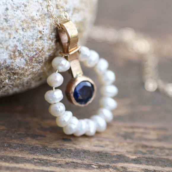 Handcrafted Natural Pearl, Blue Sapphire Pendant Solid 14K Yellow Gold No chain - Picture 1 of 12